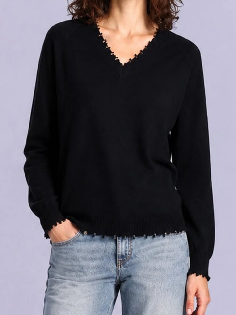 Minnie Rose Cotton Cashmere Frayed Edge V Neck Sweater Long Sleeve